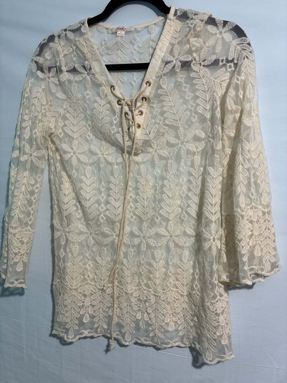 Pinky Cream Floral Lace Bell Sleeve Lace-Up V-Neck Tunic Top